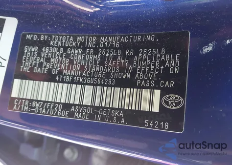 2016 Toyota Camry Se из США, поврежденный, VIN 4T1BF1FK3GU564293